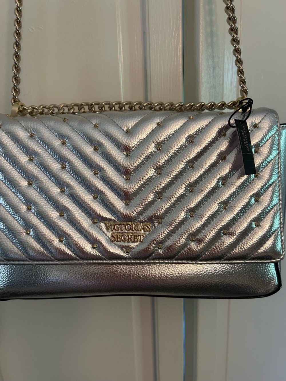 Victoria's Secret Metallic Silver Quilted Chain Crossbody Bag